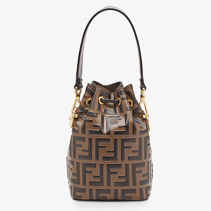 Vintage HOT Mini Motif Leather Bucket Bag Brown Mon In Calf Tresor FF Fendi 0715